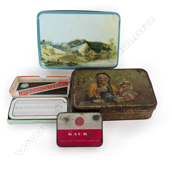 FOUR VINTAGE TINS, INCLUDLING COMPLETE 'ROLLS RAZOR & BOX