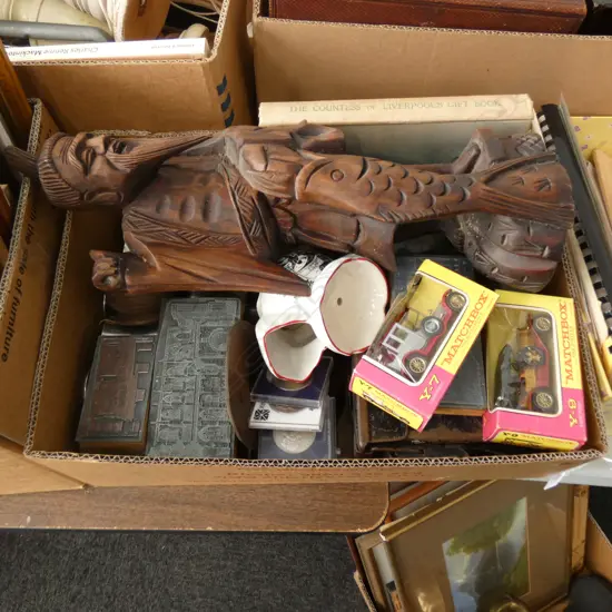 BOX LOT CARVED WOODEN ASIAN FIGURE, EP, CARS ETC