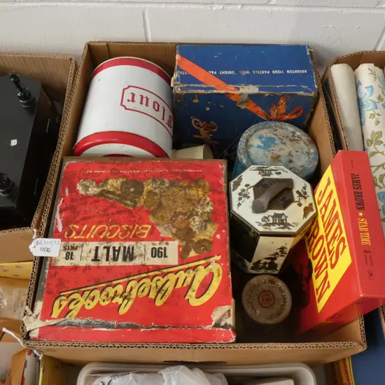BOX LOT ASST. VINTAGE TINS ETC
