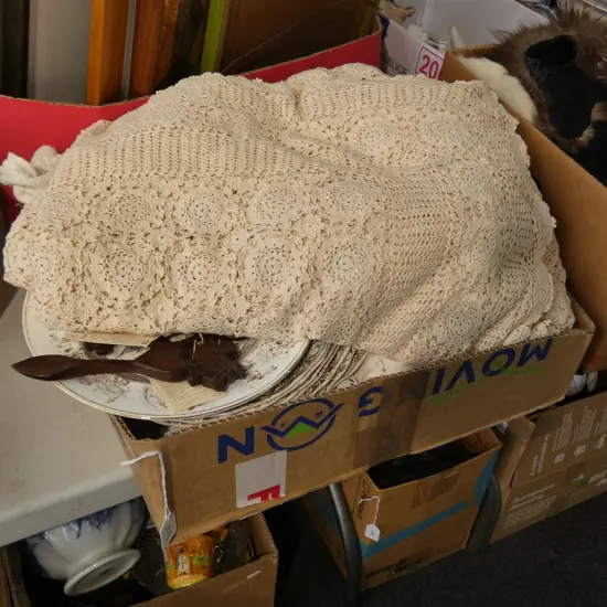 BOX LOT ASST. LINENS, PLATES ETC