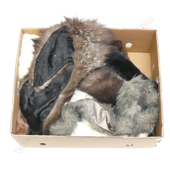 BOX LOT RABBIT STOLES, MUFF, FAUX FUR ETC