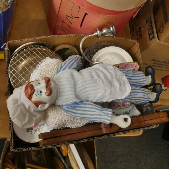 BOX LOT ASST. EPNS, CHEF DOLL ETC