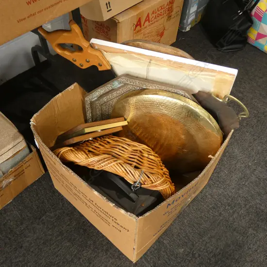 BOX LOT ASST. ARTWORK, TRAYS, PAINTED SAW ETC