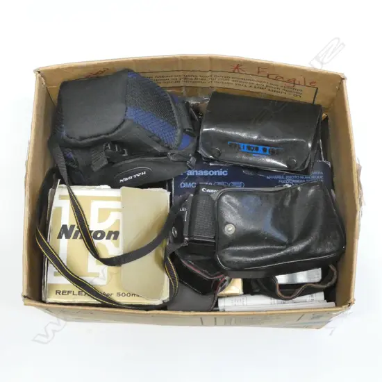 BOX LOT ASST. CAMERAS, ACCESSORIES ETC