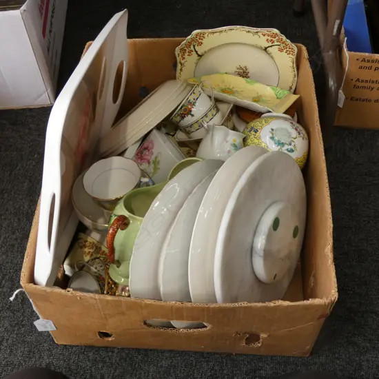 BOX LOT ASST. CHINA, 10 PCE GRAFTON TEA SET ETC