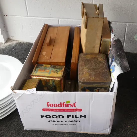 BOX LOT VINTAGE TINS, WOODEN BOX ETC 