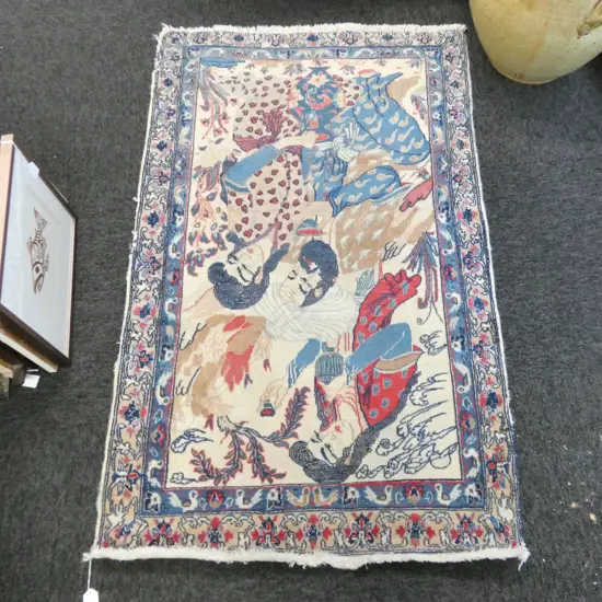 HAND KNOTTED FINE WOOL & SILK PILE PICTORIAL RUG 1230 X 750MM