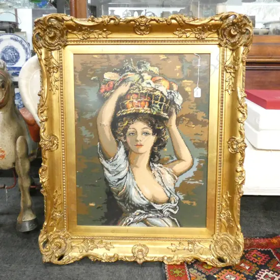 GILT FRAMED TAPESTRY OF CARMEN MIRANDA