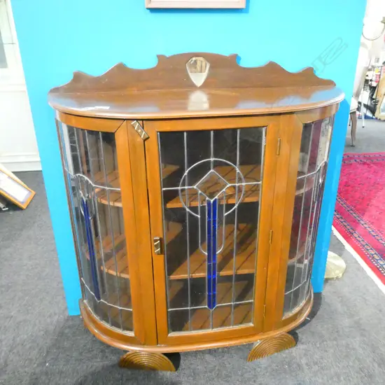 OAK LEADLIGHT BOW FRONT CABINET H. 1145MM