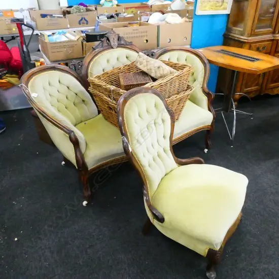 VICTORIAN GREEN VELVET SOFA & GRANDMOTHER CHAIR 