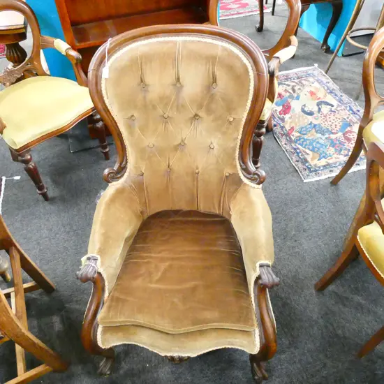 BROWN VELVET GRANDFATHER CHAIR 