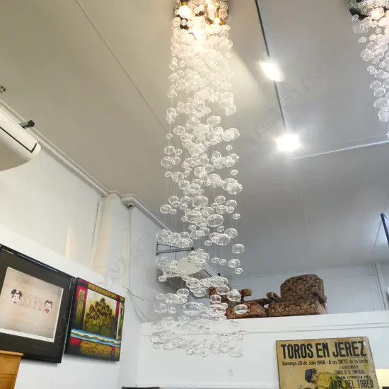 CONTEMPORARY CEILING LIGHT FITTING of 20 WIRE SUSPENDED GLASS BAUBLES H.2.2m (possibly minor losses)