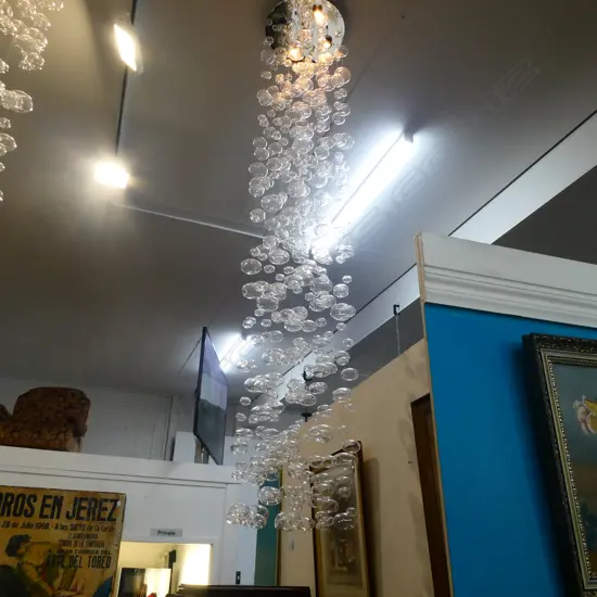 CONTEMPORARY CEILING LIGHT FITTING of 20 WIRE SUSPENDED GLASS BAUBLES H.2.2m (possibly minor losses)