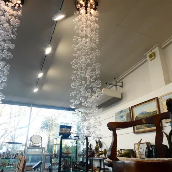 CONTEMPORARY CEILING LIGHT FITTING of 20 WIRE SUSPENDED GLASS BAUBLES H.2.2m (possibly minor losses)