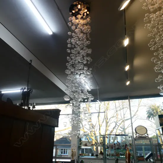 CONTEMPORARY CEILING LIGHT FITTING of 20 WIRE SUSPENDED GLASS BAUBLES H.2.2m (possibly minor losses)