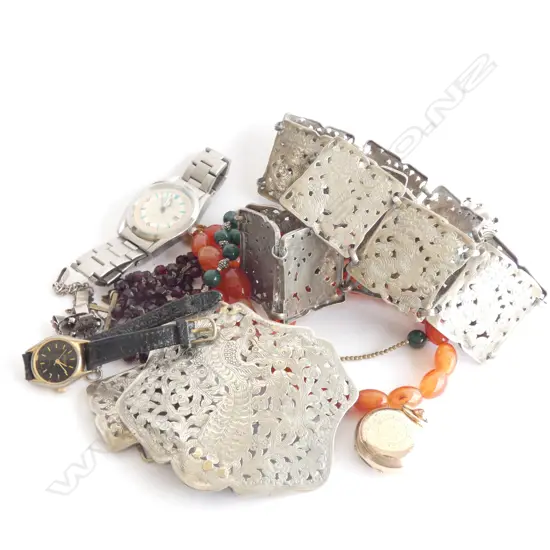 WATCHES, ROSARY + ASST. COSTUME JEWELLERY