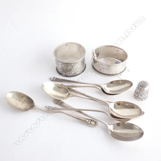 SET 6 STG SILVER TEASPOONS, THIMBLE, SPOON, 2 NAPKIN RINGS108  GRAMS 