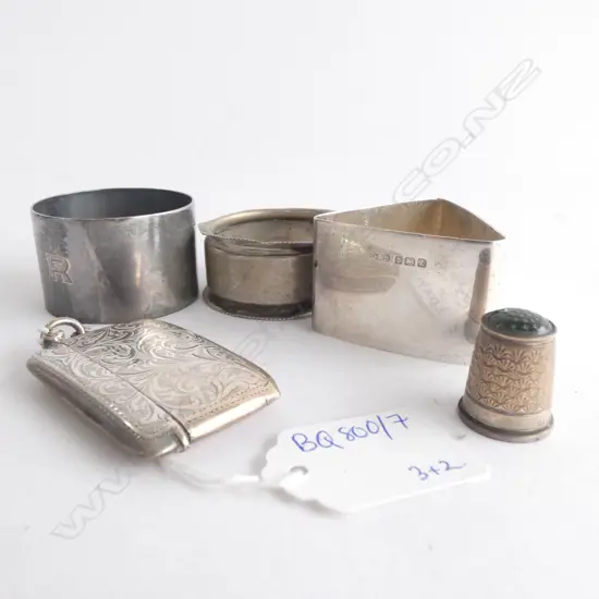 3 STG SILVER NAPKIN RINGS + THIMBLE & VESTA 91 GRAMS