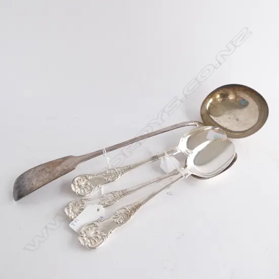 SILVER PLATED SOUP LADLE & THREE SERVING SPOONS
