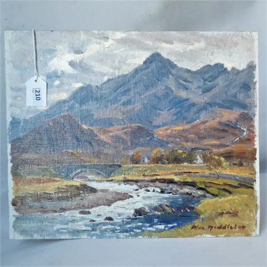 ALEX MIDDLETON 'ROCKY STREAM ISLE OF SKYE' UNFRAMED OIL ON BOARD 1975 250 X 305MM