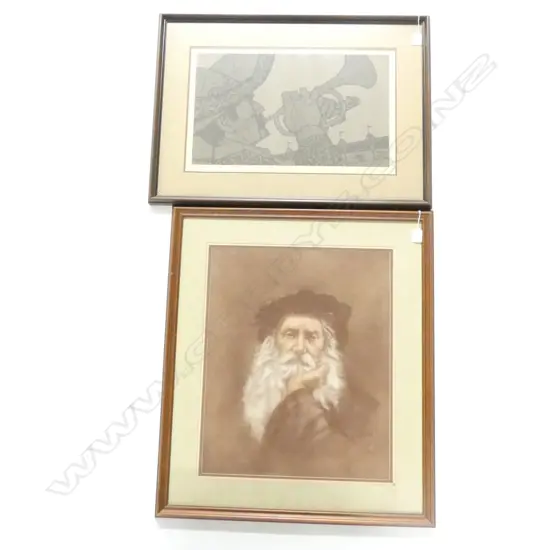 2 ARTWORKS; SIGNED HORN PLAYER PRINT + LUCAS PRINT 545 X 445MM