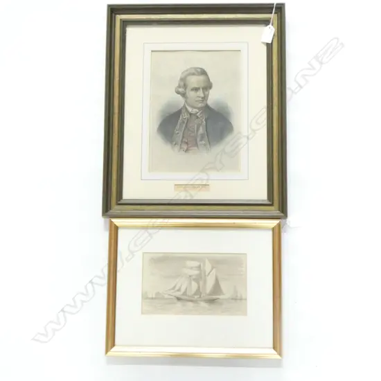 2 ARTWORKS; THOMAS RYAN, SCHOONER 'DART' W/C 120 X 205MM + STEEL ENGRAVING OF CAPT COOK 
