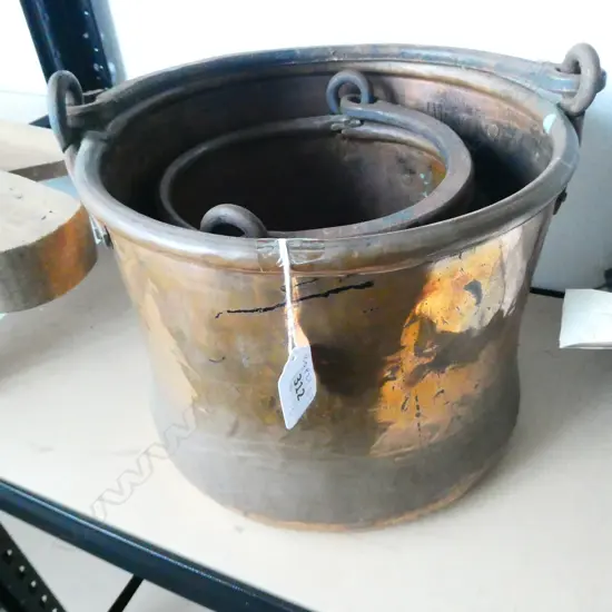 2 OLD COPPER POTS IRON SWING HANDLES