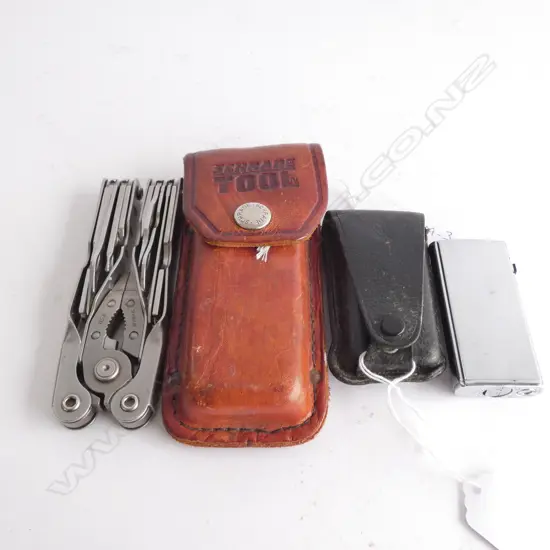 SCHRADE TOOL IN LEATHER POUCH AND A LIGHTER