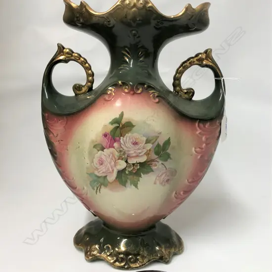 LGE VICTORIAN CERAMIC MANTLE VASE ROSE DECORATED H.340mm
