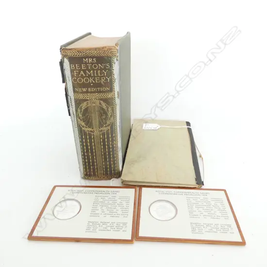 BOOK OF DRAMATIC WORKS R. B. SHERIDAN LONDON 1797 + MRS BEETONS FAMILY COOKERY 1914 + 1974 TOKENS 