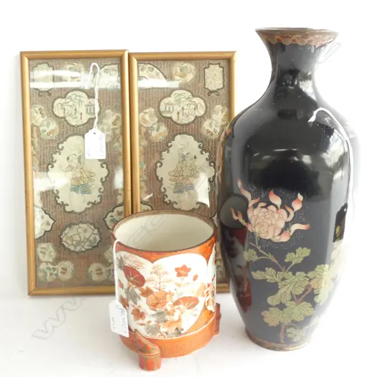 4 ORIENTAL PCES; CLOISONNE JAR H. 310MM AF, JAPANESE BRUSH POT, PR EMBROIDERED PANELS 270 X 110MM