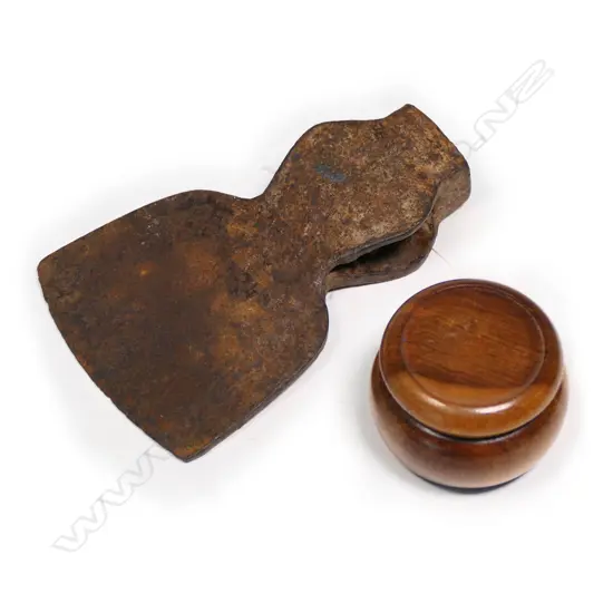 OLD FORGED IRON HATCHET HEAD + WOODEN BOX