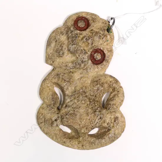 OLD POROUS WHALE BONE CARVED TIKI HEI PENDANT - WAX PAINTED EYES. L. 115MM