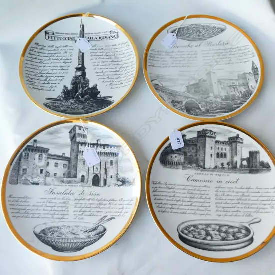 FOUR FORNASETTI ITALIAN RECIPE PLATES (ONE WORN)