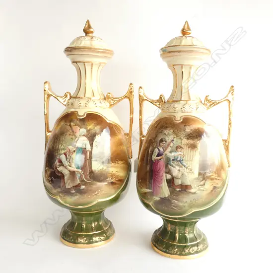 2 X CONTINENTAL PORCELIAN LIDDED URNS
