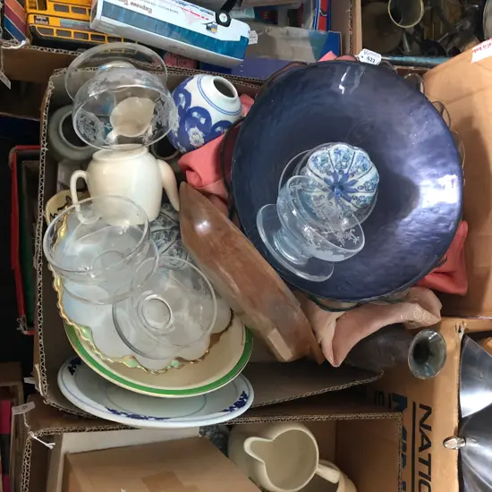BOX LOT ASST. CERAMICS, CRYSTAL ETC