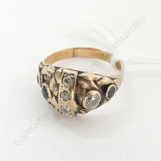 ANTIQUE RING, 9ct GOLD, 5 DIAMONDS, 3 SAPPHIRES, 4.6gm