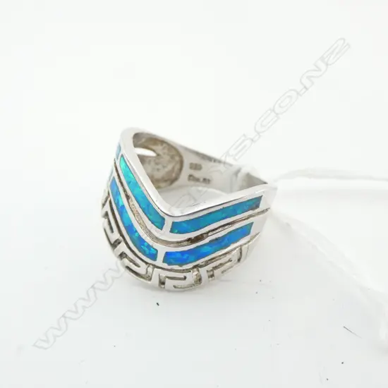 CONTEMPORARY SILVER GREEK KEY PIERVED & OPAL INSET RING