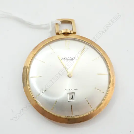 EXACTUS ROLLED GOLD CONTEMPORARY POCKET WATCH, 17 JEWEL MOVT. WORKING