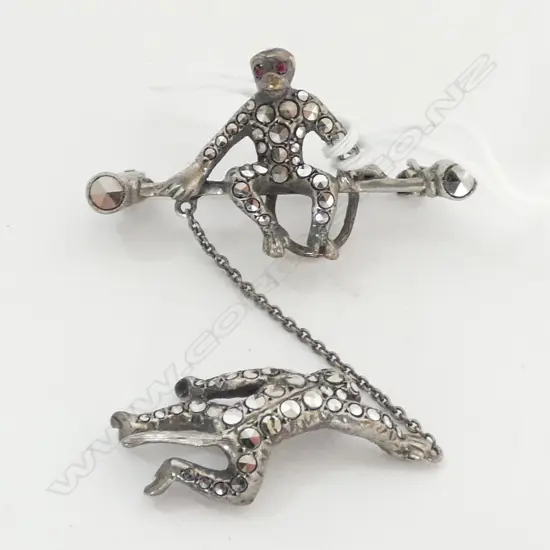 BROOCH, MONKEY SITTING ON BROOCH AND ANOTHER ONE HANGING OFF, SILVER AND MARCASITE