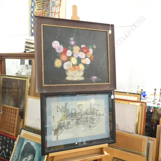 2 ARTWORKS; STILL LIFE FLOWERS 520 X 635MM + ABSTRACT PRINT GLASS AF