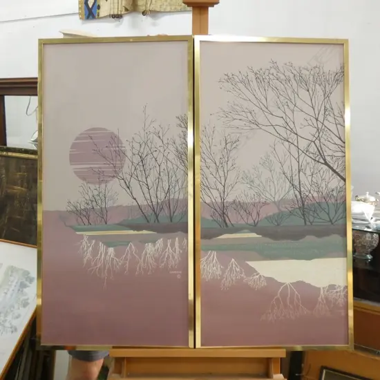 PR PURPLE LANDSCAPES OIL ON CANVAS SIGNED CAMERON 990 X 480MM