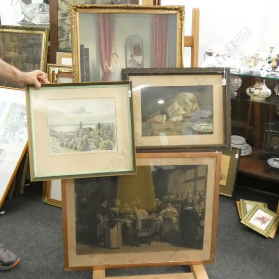 4 ARTWORKS; YOUNG BOY, ALPS TOWN PRINT, 'THE WIFE OF JOHN BUNYAN', CAMPBELL TAYLOR PRINT 600 X 500MM