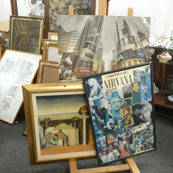 3 ARTWORKS; GILT FRAMED PRINT, NIRVANA & CITY POSTER