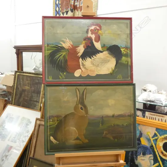 2 NAIVE PAINTINGS ON PANELS, RABITS & CHICKENS 560 x 750mm
