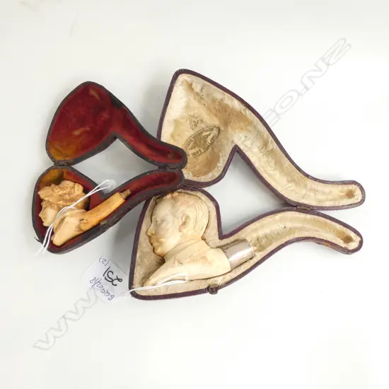 2 CASED MEERSCHAM PIPES CARVED MAN AND LADY NO STEMS