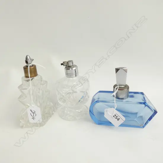 3 ART DECO CRYSTAL PERFUME BOTTLES H 140 MM