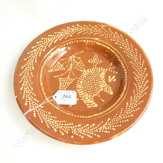 OLD POTTERY REDWARE DISH TAN DOT DECORATION Dia.210mm