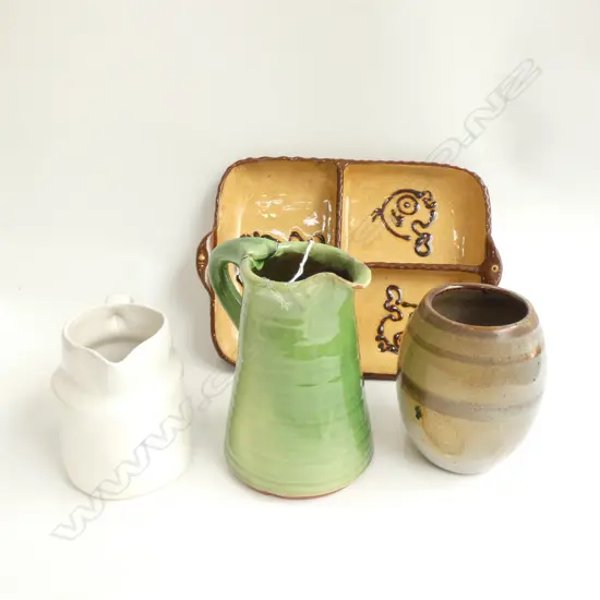 O C STEPHENS(?) VASE, RAMSBURY POTTERY HORS D'OUVRES DISH & 2 POTTERY JUGS