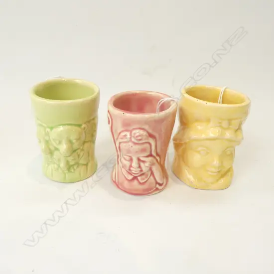 3 CROWN LYNN EGG CUPS; LADY, BEARS (MINOR CHIP), SHEPHERD